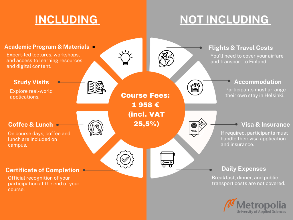 Course Fee Breakdown: Course Fee Covers: Academic Program and Materials – Expert-led lectures, workshops, and access to learning resources and digital content. Study Visits – Explore real-world applications. Social & Cultural Activities – Networking events, guided city tours, and social gatherings. Coffee & Lunch – On course days, lunch and coffee are included on campus. Certificate of Completion – Official recognition of your participation. Not Included in the Fee: Accommodation – Participants need to arrange their own stay in Helsinki. Flights & Travel Costs – You must cover your airfare and transport to Finland. Visa & Insurance – If required, participants must handle their own visa application and travel insurance. Daily Expenses: Breakfast, dinner, and public transport costs are not covered. Plan Ahead: Check our Visa & Travel Tips section for recommendations on accommodation, transportation, and budgeting.