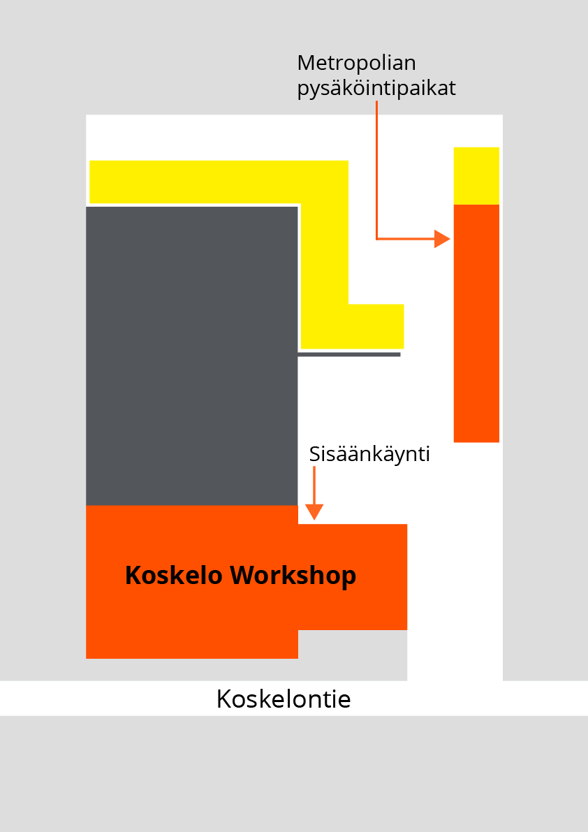 Koskelo Workshopin pysäköintipaikat on karttaan merkattu oranssilla värillä. Ne sijaitsevat hallin oikealla puolella.