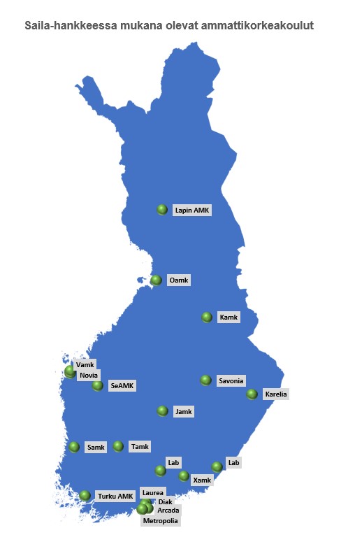 Saila-hankkeessa mukana olevat amk:t kartalla
