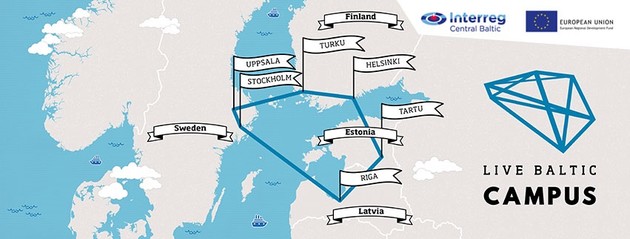 Live Baltic Campus project partner cities – Turku, Helsinki, Uppsala, Stockholm, Tartu and Riga – on map.