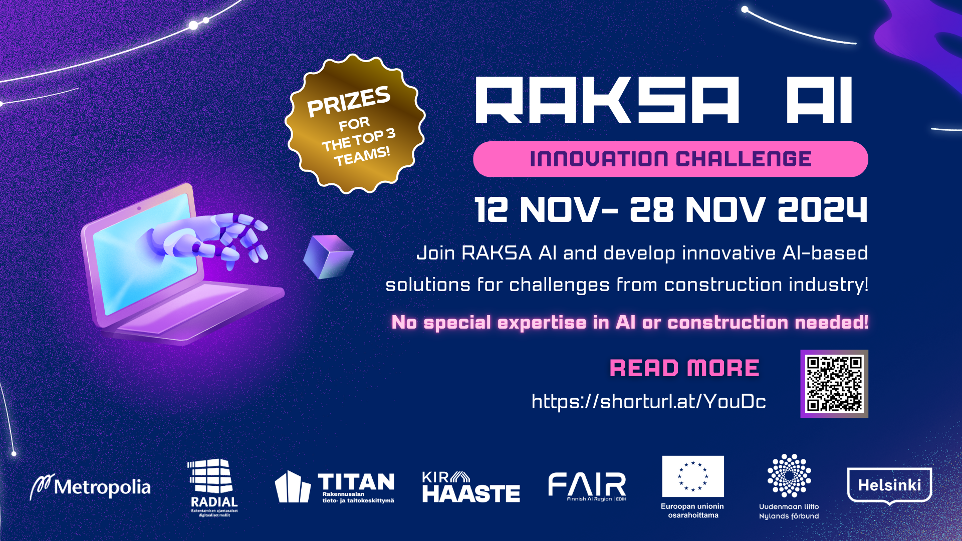 An advertisement image for the RAKSA AI Innovation Competition, featuring the event dates, description, a QR code linking to the event website, and the logos of partners and sponsors.